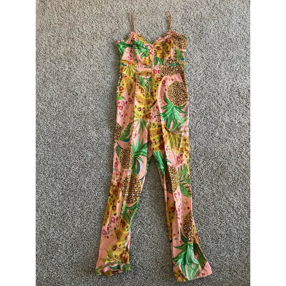 Farm Rio Womens Sz XS Smocked Jumpsuit Tropical Fruit Design /Pockets - Picture 2 of 13